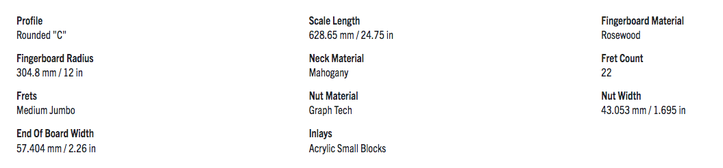 Electric guitar neck: rounded "C" profile, mahogany, rosewood fingerboard, 22 medium jumbo frets, 24.75" scale, acrylic block inlays, Graph Tech nut.