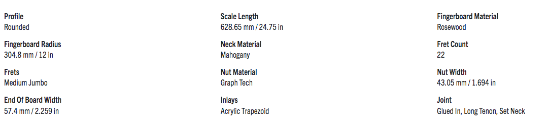 Gibson guitar neck: rounded profile, rosewood fingerboard, 22 medium jumbo frets, 24.75" scale, mahogany neck, acrylic trapezoid inlays, Graph Tech nut.