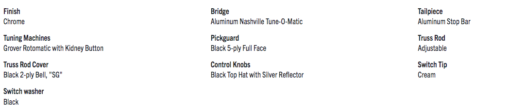 Gibson guitar features chrome finish, Grover Rotomatic tuners, aluminum bridge and tailpiece, black pickguard, and black top hat control knobs.