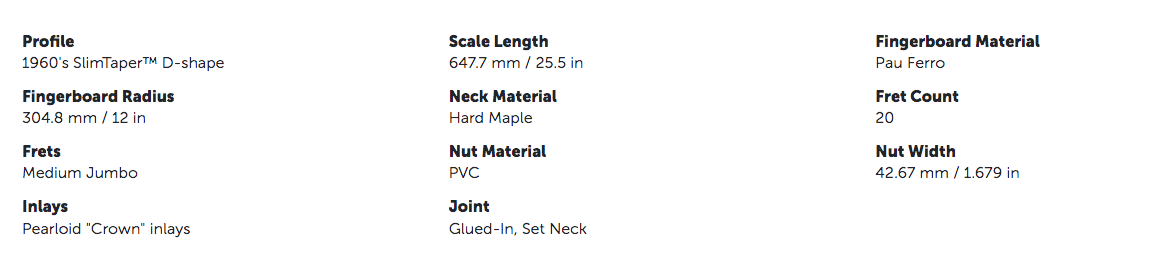 Acoustic guitar with 1960s SlimTaper D-shape neck, Pau Ferro fingerboard, 20 medium jumbo frets, 25.5-inch scale, and pearloid crown inlays.