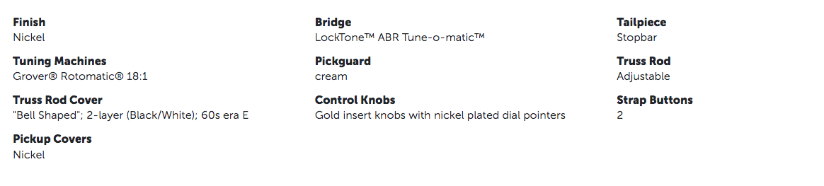 Electric guitar with nickel finish, Grover Rotomatic tuners, cream pickguard, adjustable truss rod, gold and nickel control knobs, and two strap buttons.
