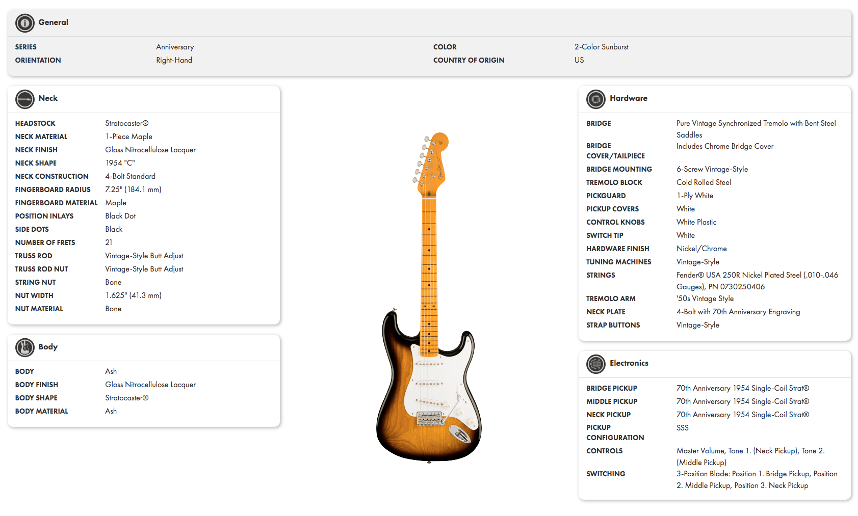 Electric guitar with a 2-color sunburst finish, white pickguard, maple neck, 21 frets, right-handed, and vintage-style hardware.