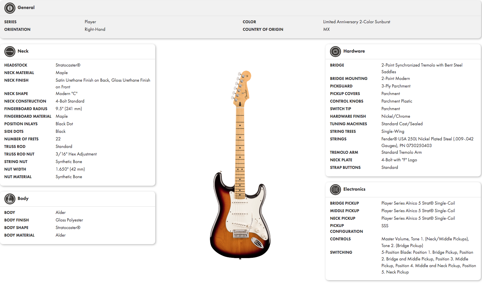 Limited Anniversary Fender Stratocaster electric guitar, right-handed, sunburst finish, maple neck and fretboard, white pickguard, three single-coil pickups.