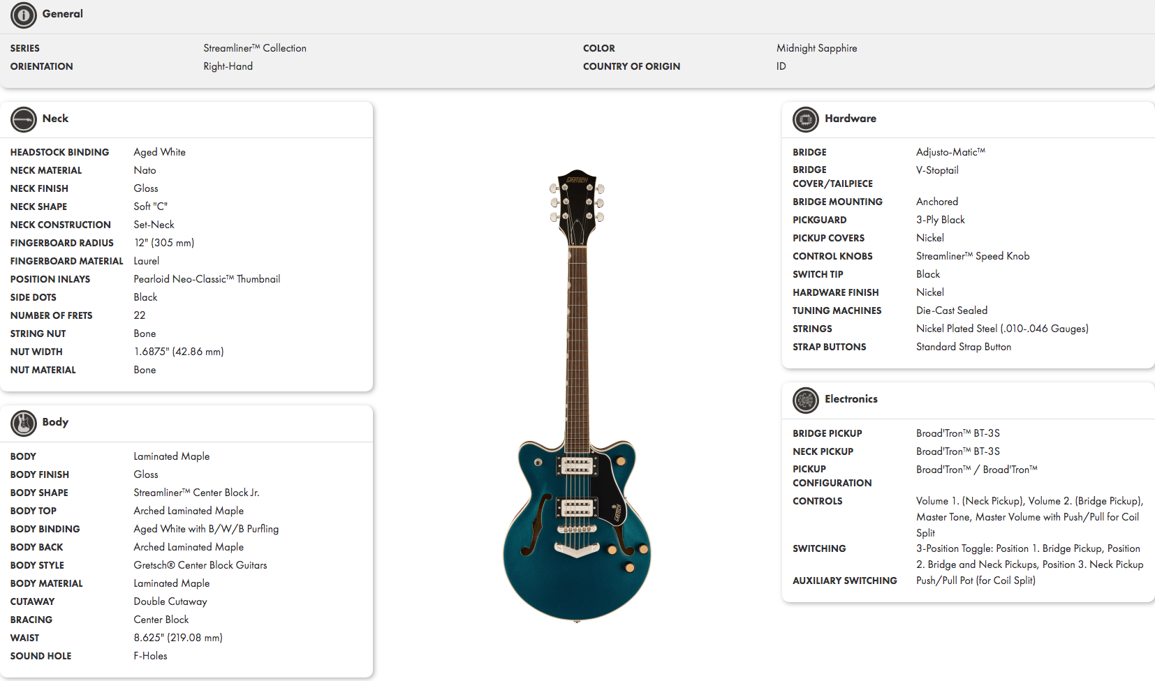 Midnight sapphire semi-hollow electric guitar with double cutaway, F-holes, two humbucker pickups, three silver knobs, and a black pickguard.