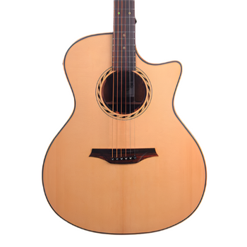 Light wood acoustic guitar with a single cutaway, six strings, dark circular sound hole rosette, and an angular dark wood bridge.