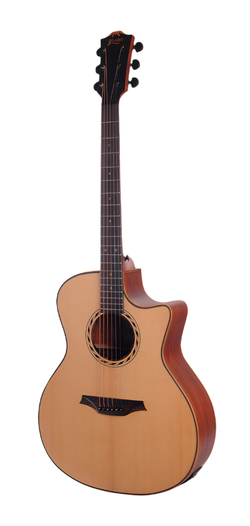 Natural wood acoustic guitar with a cutaway body, dark sides, six strings, and a round sound hole bordered by decorative inlay.
