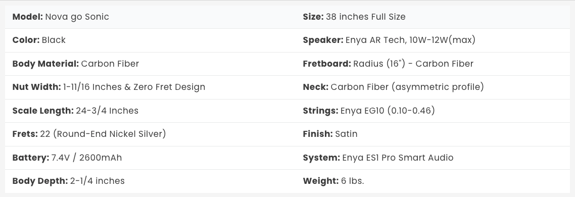 Nova go Sonic electric guitar, black carbon fiber body and neck, 38 inches, 22 frets, built-in Enya speaker, 6 lbs, satin finish, smart audio system.
