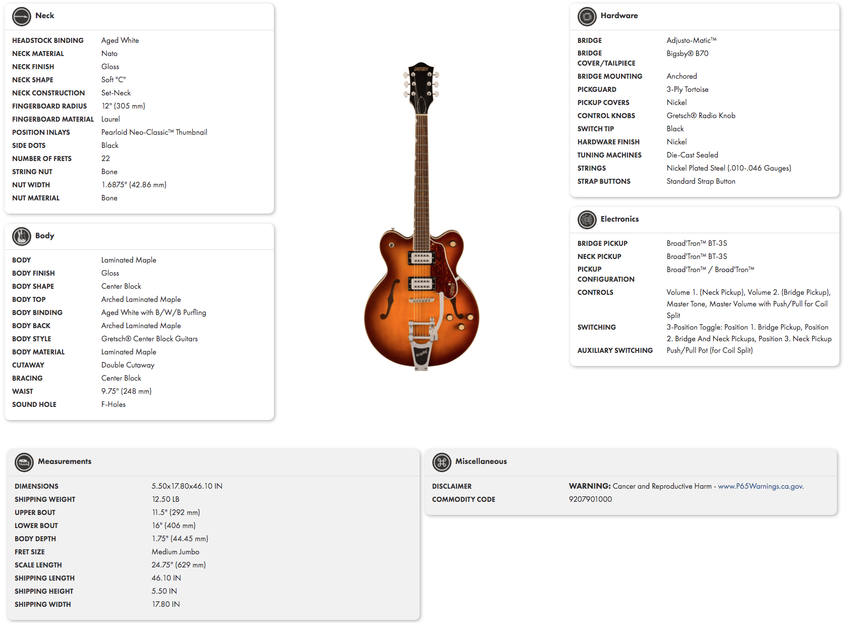 Sunburst-finish electric guitar with double cutaways, F-holes, two humbucker pickups, chrome hardware, Bigsby tailpiece, and tortoiseshell pickguard.