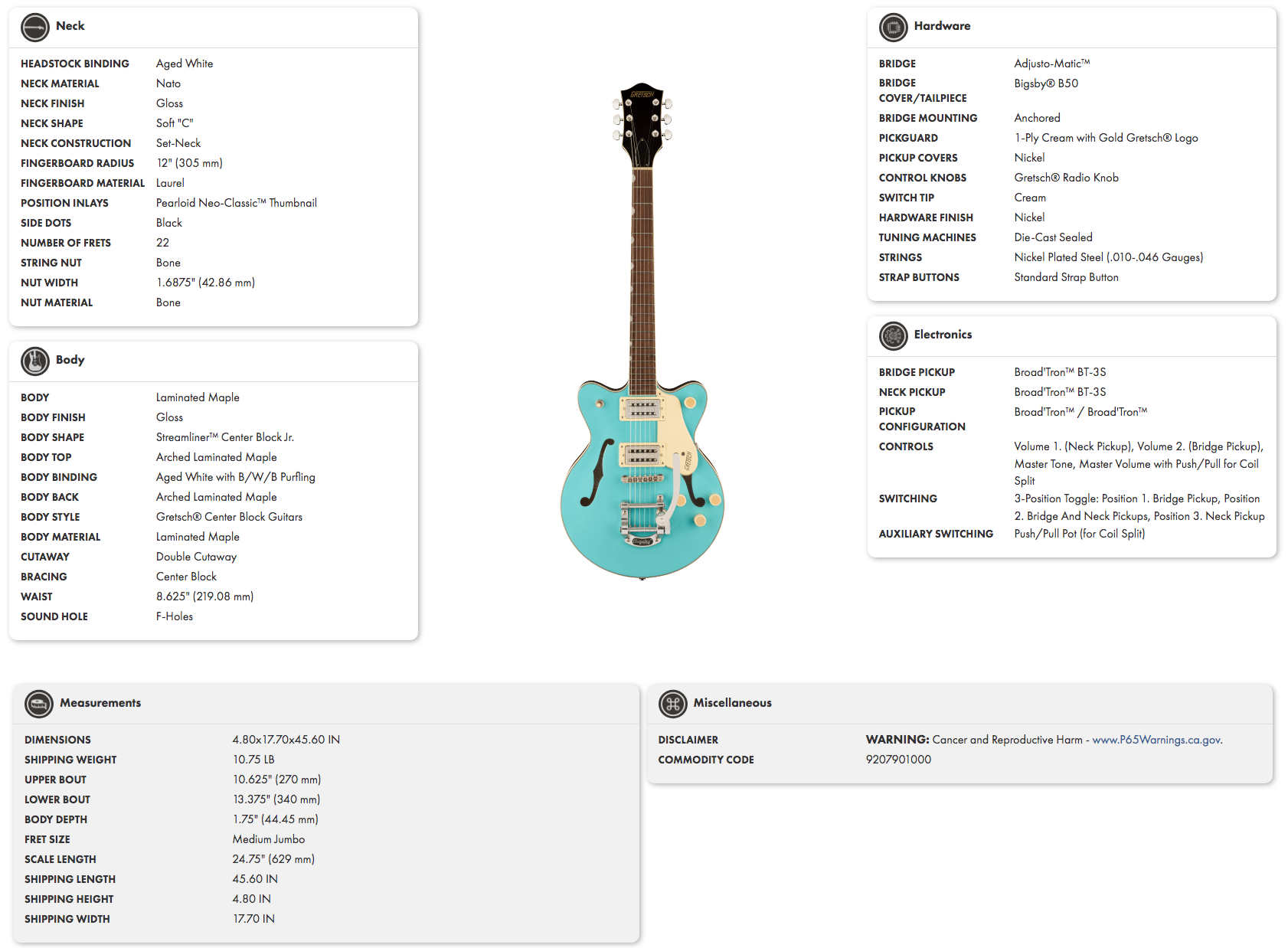 A turquoise double-cutaway electric guitar with a cream pickguard, chrome hardware, two pickups, F-holes, and white binding on the body.