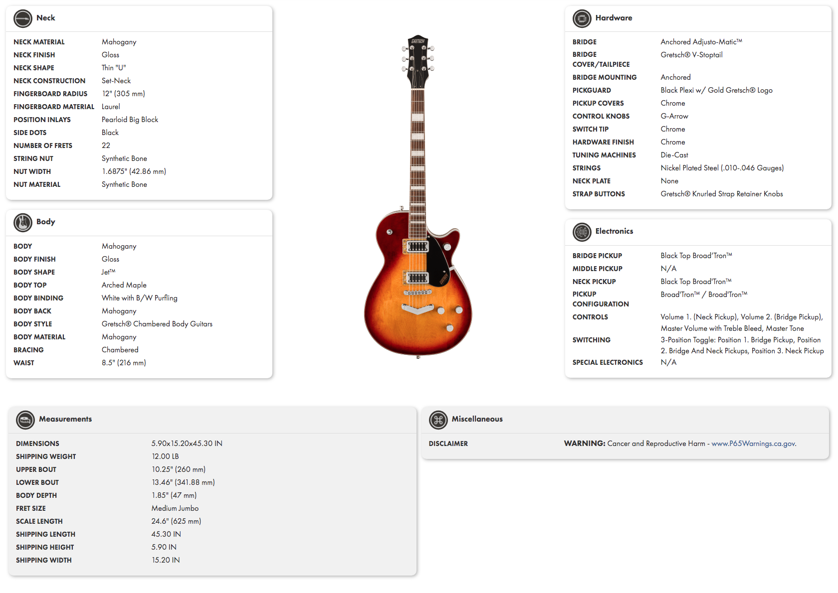 Sunburst electric guitar with a single cutaway, chrome hardware, two pickups, four control knobs, black pickguard, and pearl block inlays on the neck.