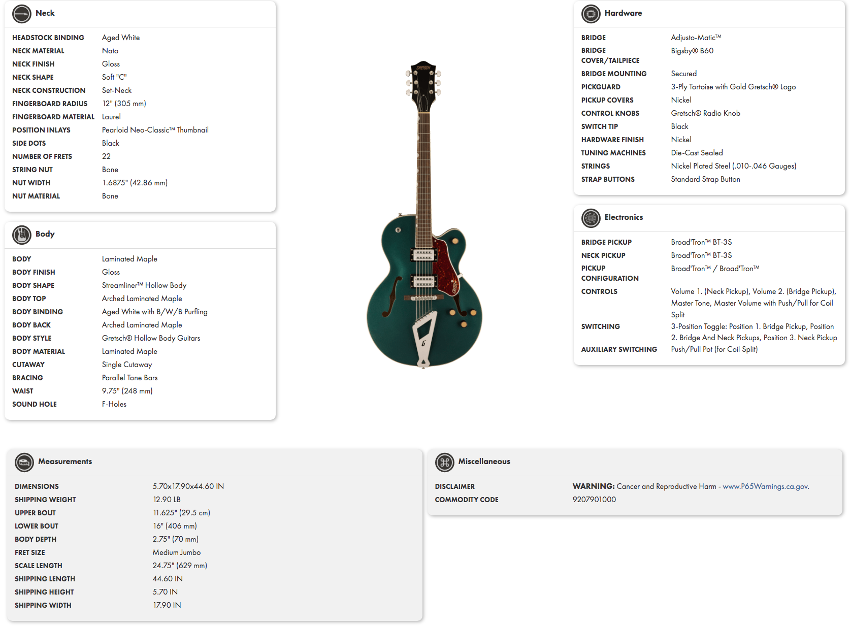 Gretsch hollow body electric guitar in metallic green with white binding, f-holes, two pickups, single cutaway, tortoiseshell pickguard, and Bigsby tailpiece.