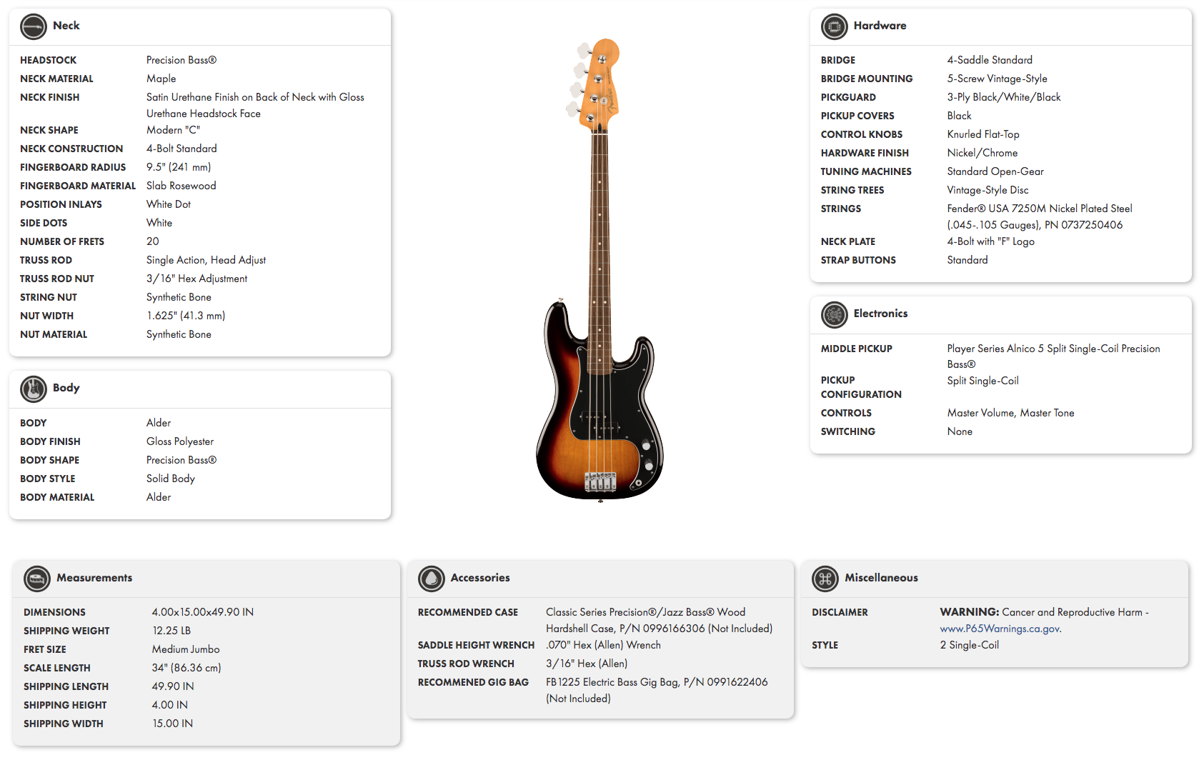 Sunburst electric bass guitar with a maple neck, rosewood fingerboard, black pickguard, silver hardware, and four control knobs.