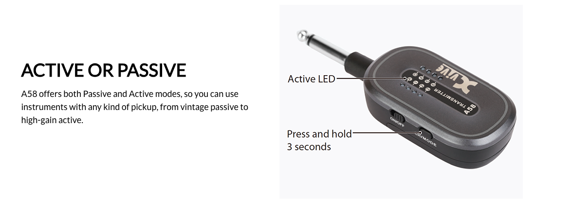 A58 wireless transmitter with labeled Active LED and a switch to change modes by pressing and holding for 3 seconds. Suitable for active or passive pickups.