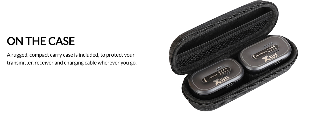 Two wireless transmitters labeled receiver and transmitter sit side by side in a black zippered carrying case with a mesh pocket.