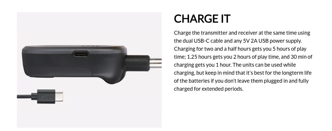 Black wireless transmitter with a USB-C charging port is shown from the side, with a USB-C cable nearby, ready to connect for charging.