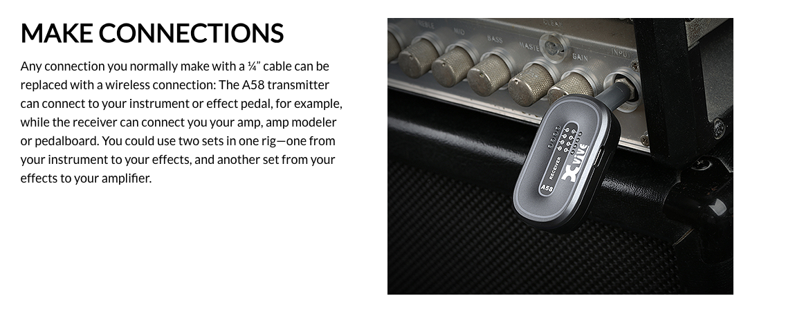 A wireless transmitter labeled A58 is plugged into an amplifier input jack with control knobs visible above.