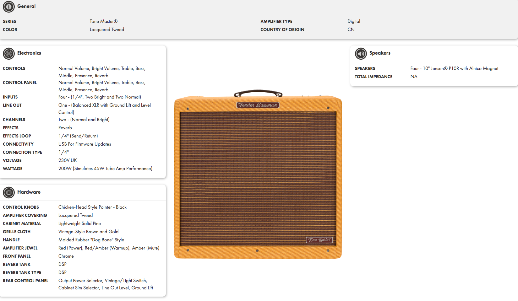 Fender Bassman digital amplifier in lacquered tweed, vintage-style brown grill, four 10-inch Jensen speakers, black chicken-head knobs on top.