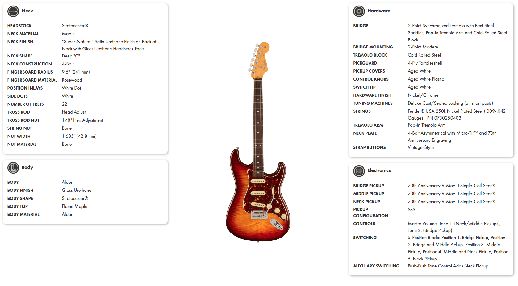Electric guitar with a sunburst flame maple top, rosewood fingerboard, 22 frets, three single-coil pickups, tortoiseshell pickguard, chrome hardware.
