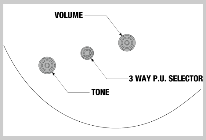 Diagram shows electric guitar controls: three knobs labeled Volume, Tone, and 3 Way P.U. Selector, each with an arrow pointing to it.