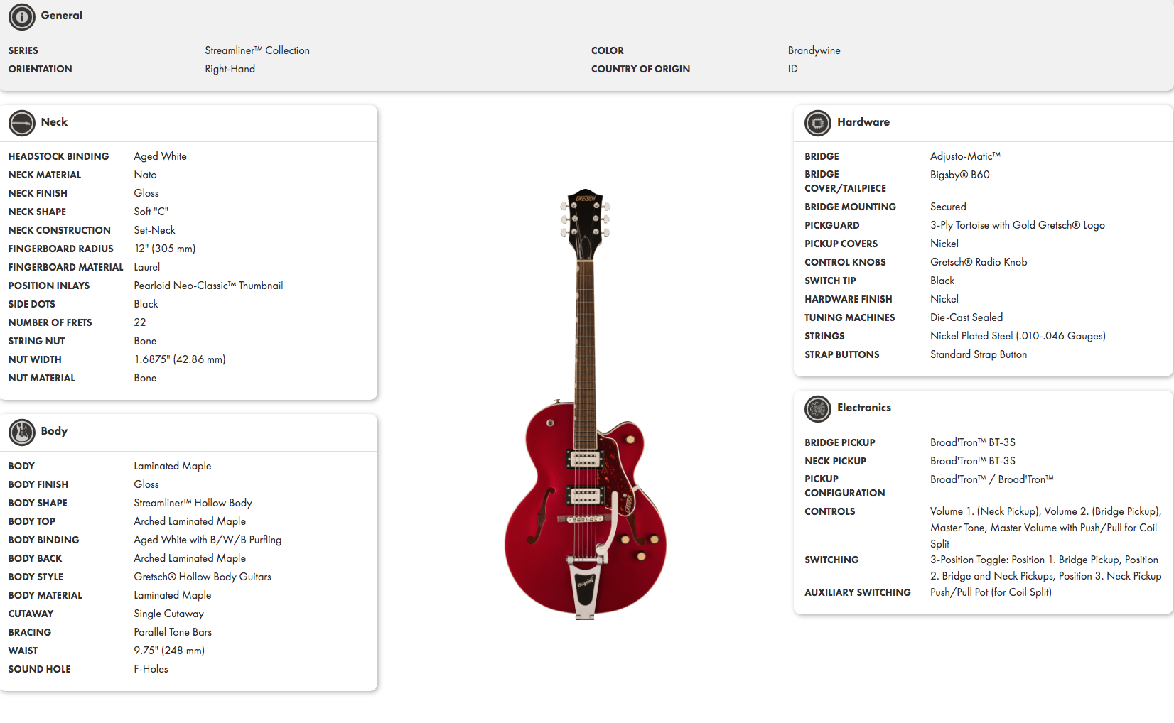 Red hollow body electric guitar with a single cutaway, white pickguard, chrome hardware, two humbucker pickups, and classic f-shaped sound holes.