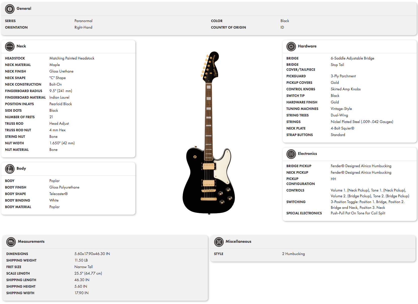 Black right-handed electric guitar with a Telecaster shape, gold hardware, white pickguard, two humbucker pickups, and 21 frets with block inlays.