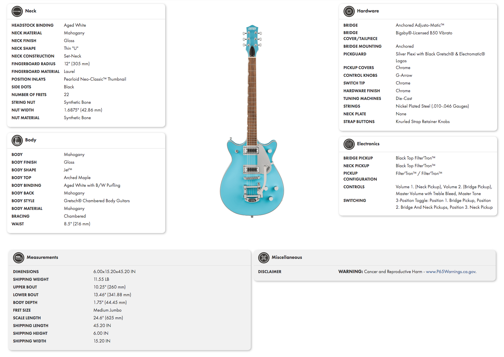 Electric guitar with a bright blue arched maple top, double cutaway mahogany body, two chrome pickups, Bigsby vibrato, and white control knobs.