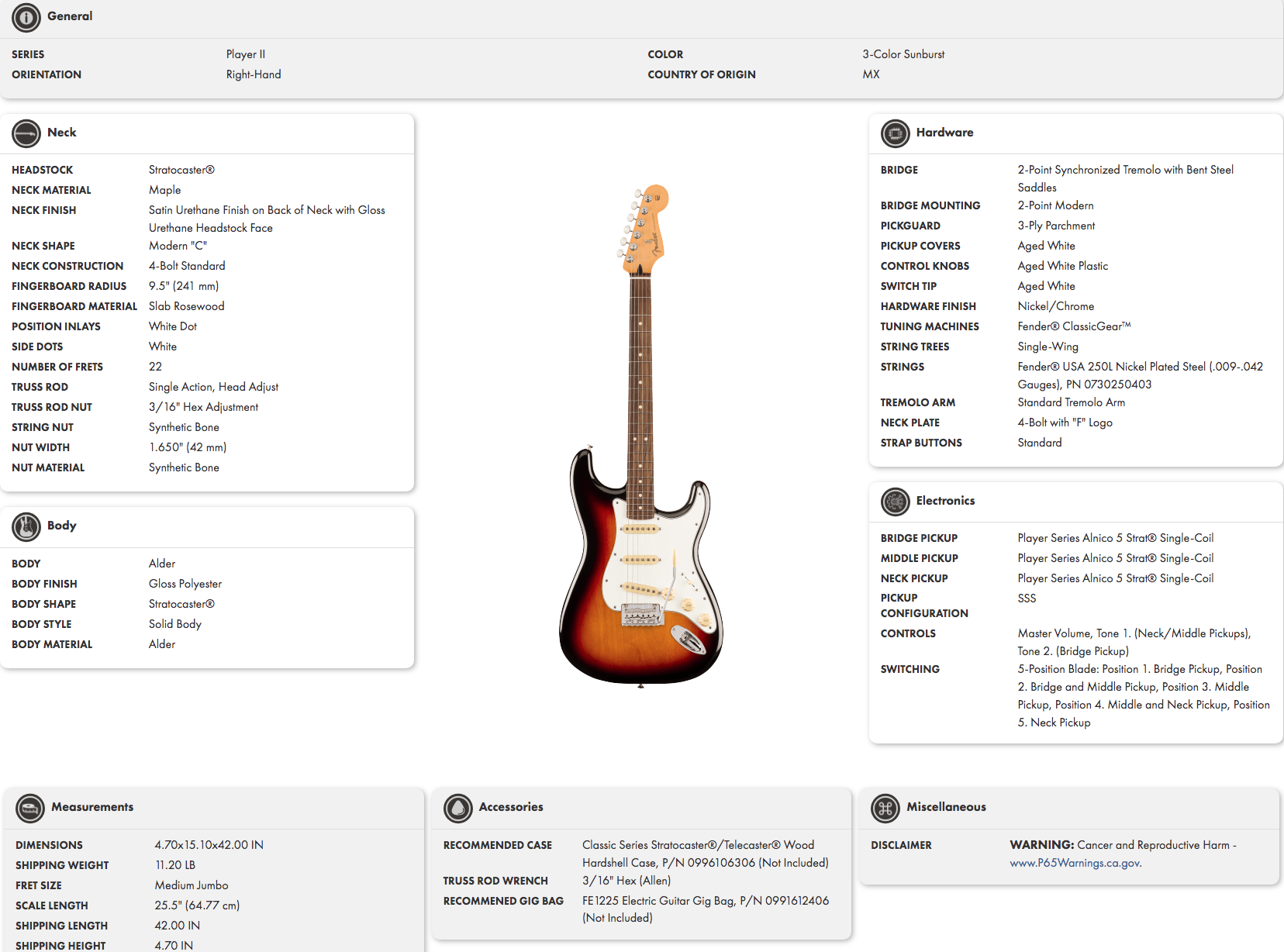 Fender Stratocaster electric guitar in 3-color sunburst finish, white pickguard, three single-coil pickups, maple neck, right-handed orientation.
