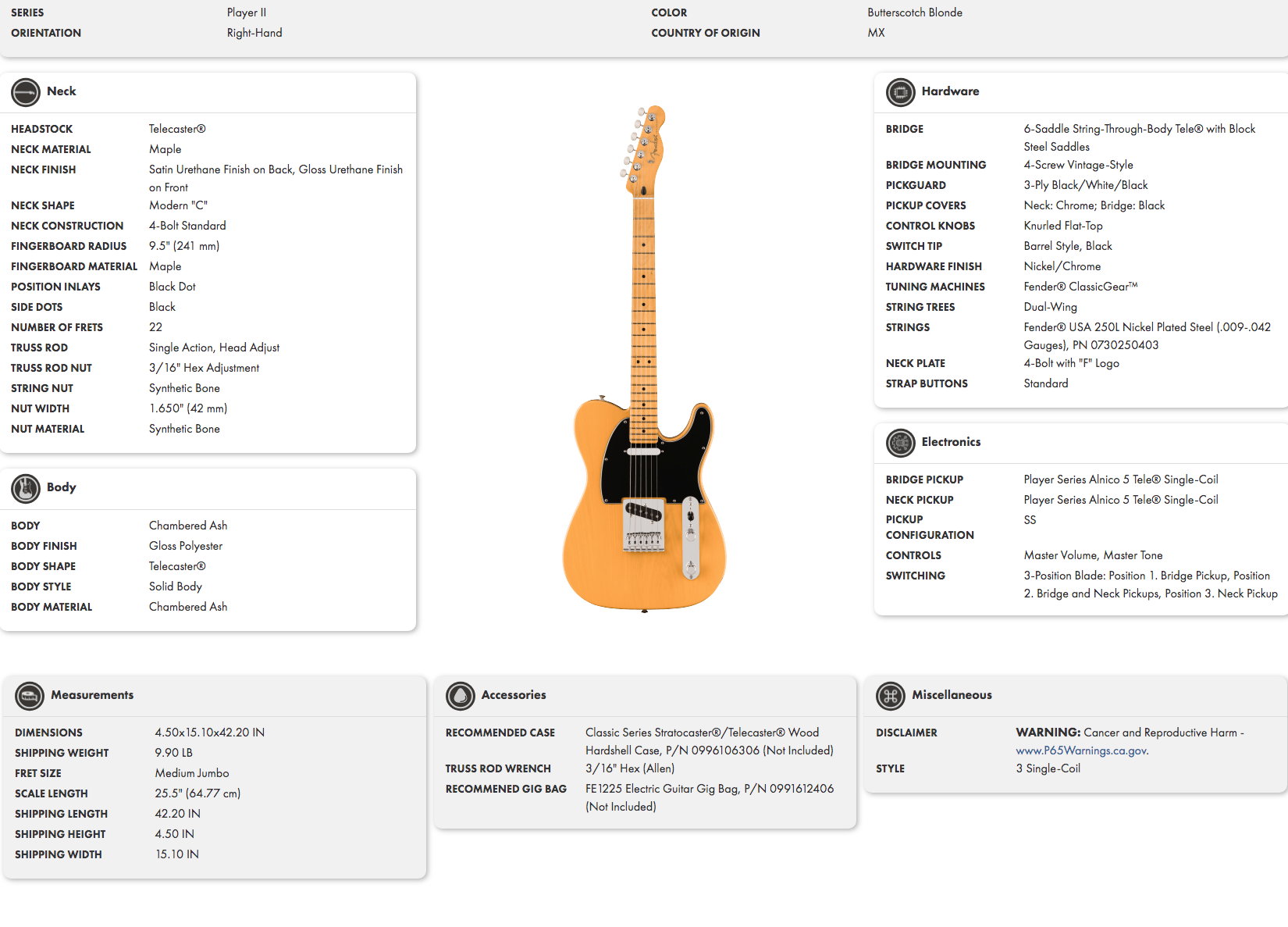 Butterscotch blonde Telecaster electric guitar with black pickguard, two single-coil pickups, chrome hardware, and maple neck.