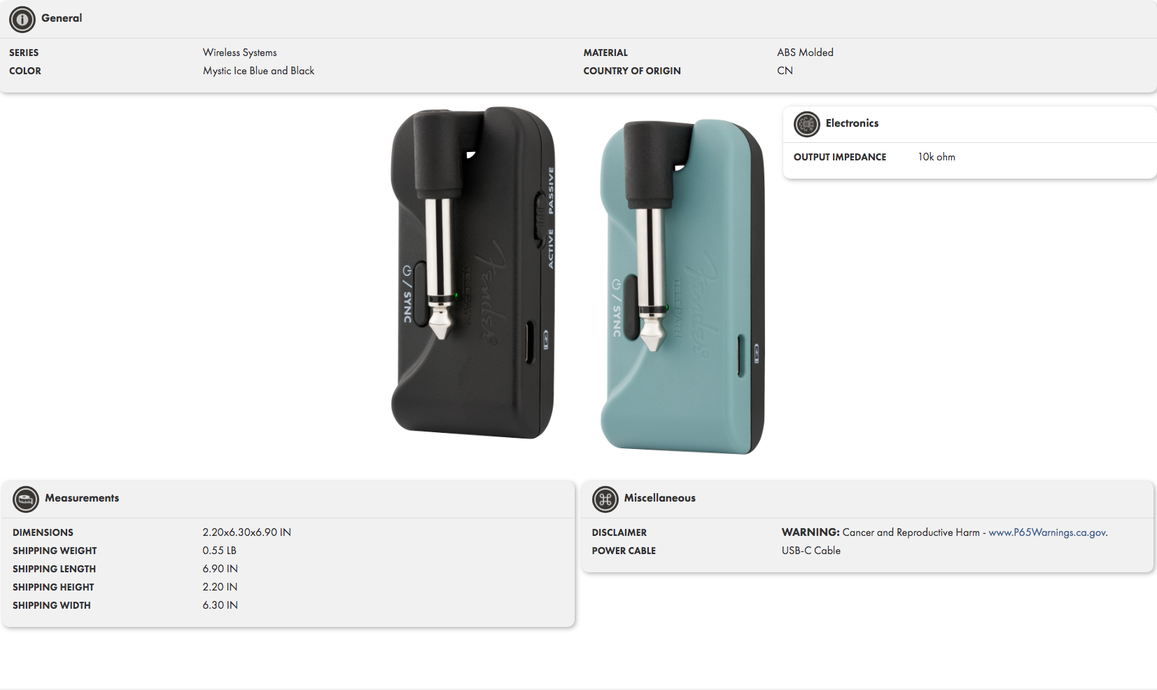 Two compact wireless audio transmitters for instruments, one black, one ice blue, each with a standard 1/4-inch plug and labeled "Fender Telepath."