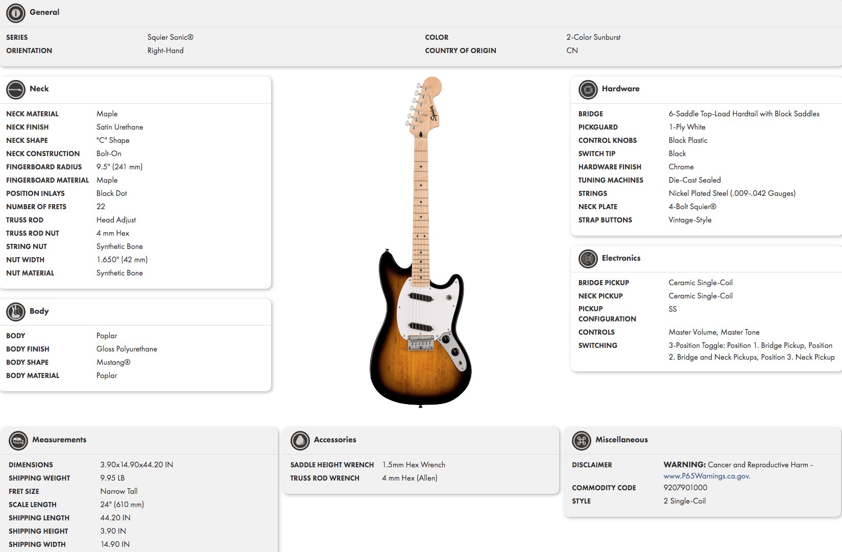 Right-handed electric guitar with a sunburst finish, white pickguard, maple neck, 22 frets, two single-coil pickups, and chrome hardware.