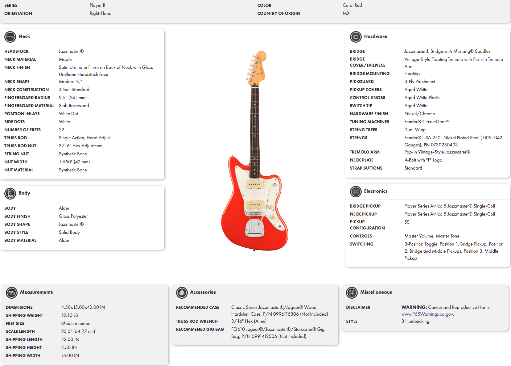 Coral red electric guitar with an offset Jazzmaster-style body, white pickguard, two single-coil pickups, and a rosewood fretboard with white dot inlays.