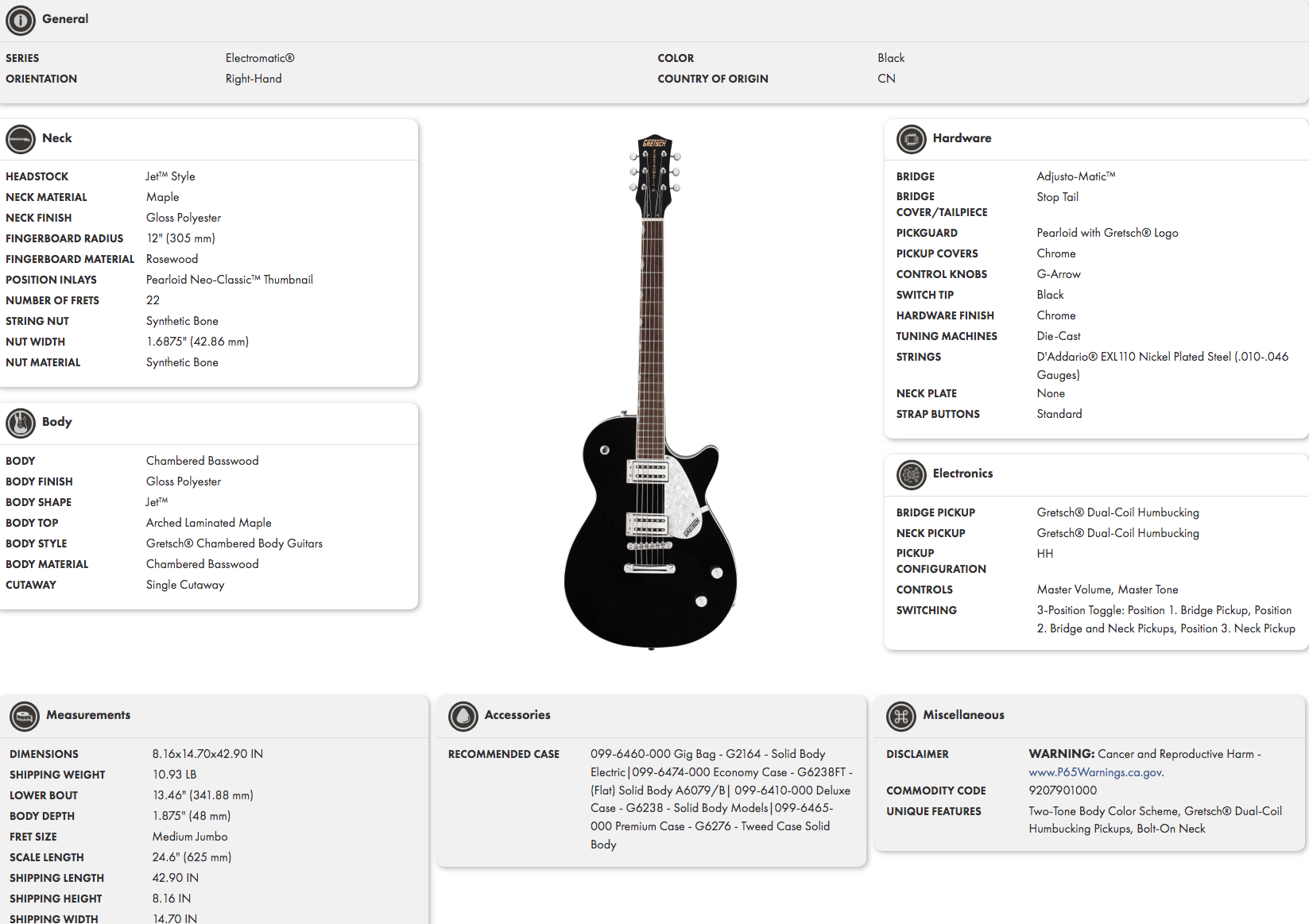 Black electric guitar with a single cutaway, chrome hardware, two humbucker pickups, a silver pickguard, and 22 frets on a rosewood fingerboard.