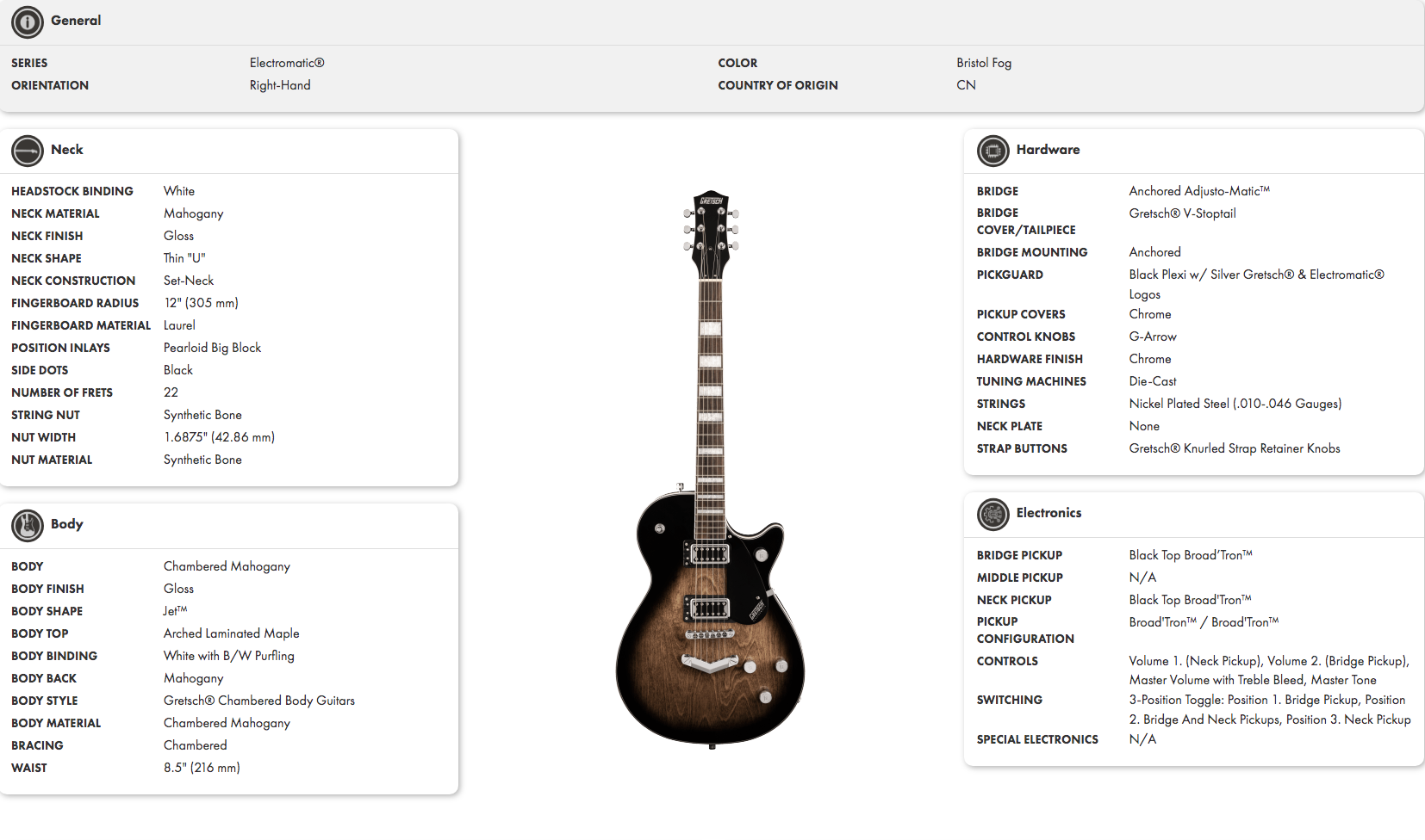 Gretsch right-handed electric guitar in a dark sunburst finish with chrome hardware, pearloid block inlays, two pickups, and a single-cutaway body.