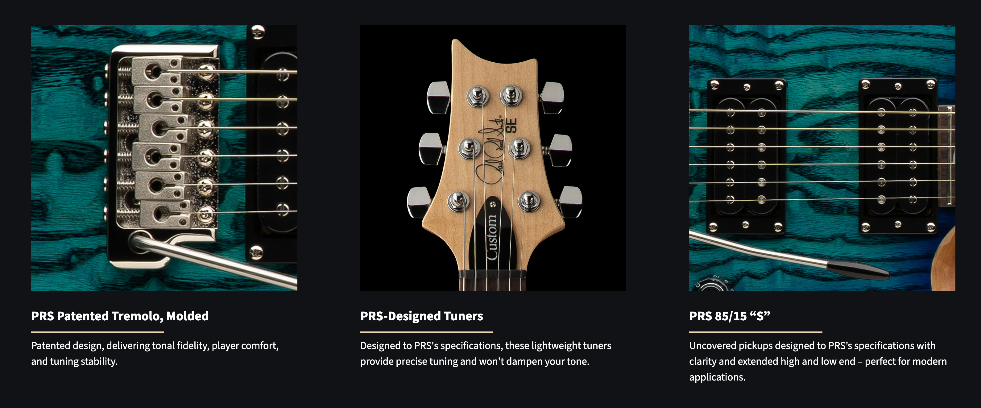 Close-ups of a PRS electric guitar’s tremolo bridge, headstock with six tuners, and dual uncovered humbucker pickups on a blue wood grain body.