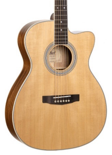 Natural wood-finish acoustic guitar with a dark wooden bridge, circular sound hole, cutaway body, and six steel strings.