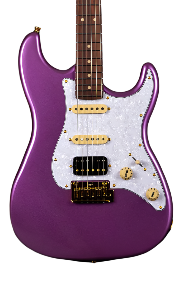 Purple electric guitar with a white pearloid pickguard, gold hardware, two cream single-coil pickups, one black humbucker, and two knobs.