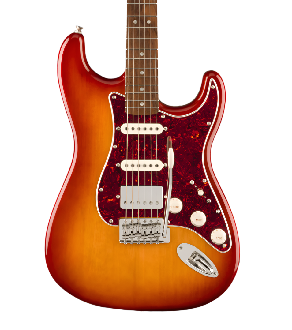 Sunburst electric guitar with a red tortoiseshell pickguard, three pickups, a whammy bar, and three control knobs.