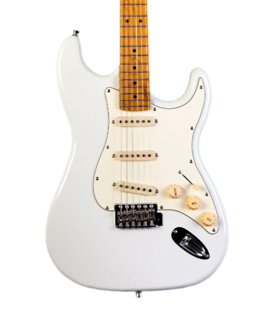 White electric guitar with three single-coil pickups, cream knobs, a maple neck, and a white pickguard.