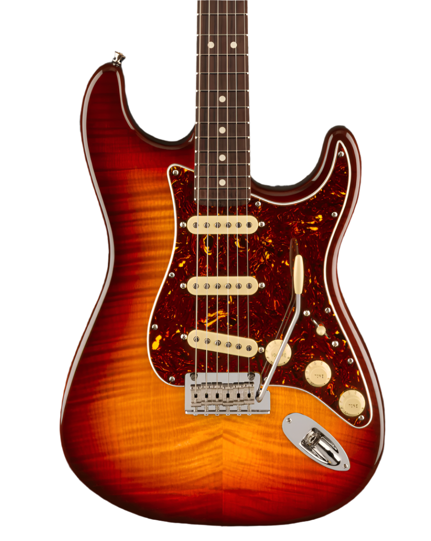 Electric guitar with a sunburst flame maple finish, three single-coil pickups, tortoiseshell pickguard, and gold control knobs.