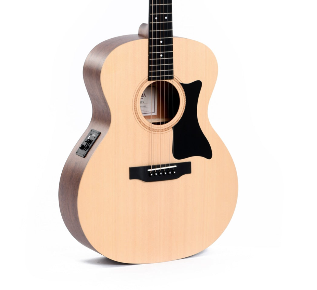 Natural wood finish acoustic guitar with black pickguard, six strings, and a built-in electronic control panel on the side.