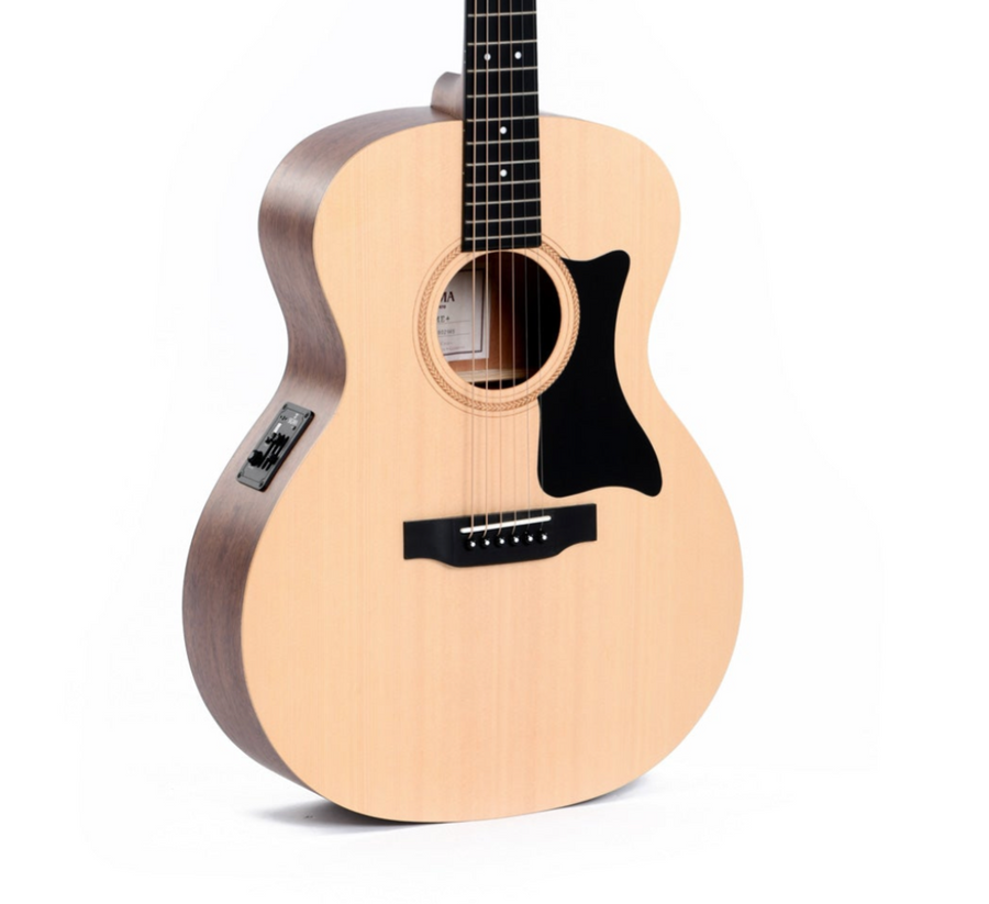 Natural wood finish acoustic guitar with black pickguard, six strings, and a built-in electronic control panel on the side.