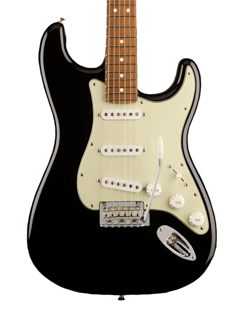 Black electric guitar with a cream pickguard, three white single-coil pickups, three control knobs, a tremolo bar, and a maple fretboard.