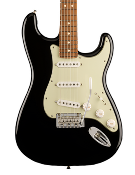 Black electric guitar with a cream pickguard, three white single-coil pickups, three control knobs, a tremolo bar, and a maple fretboard.