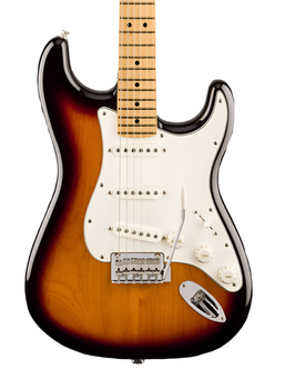 Sunburst electric guitar with white pickguard, three single-coil pickups, three control knobs, a tremolo bar, and a maple neck.