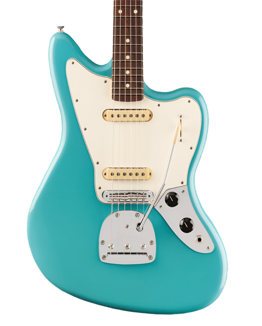 Turquoise electric guitar with an offset body, white pickguard, two single-coil pickups, a tremolo arm, and chrome control knobs.