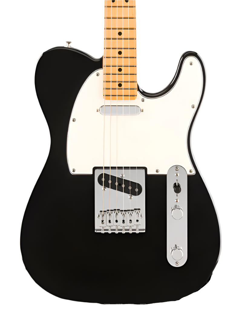 Black electric guitar with a white pickguard, chrome bridge and controls, and a maple neck with black dot inlays.