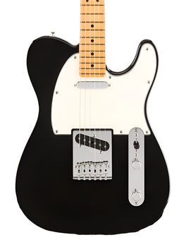 Black electric guitar with a white pickguard, chrome bridge and controls, and a maple neck with black dot inlays.