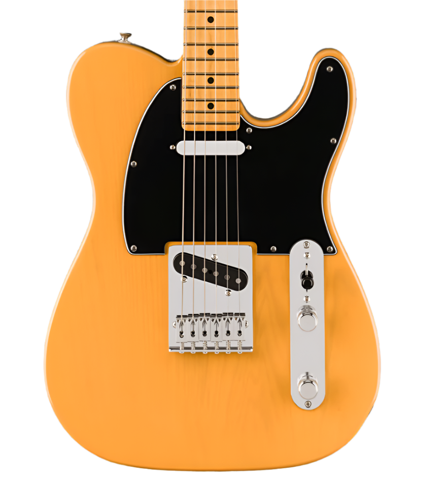Yellow electric guitar with a black pickguard, chrome bridge, and two pickups. Maple neck with black dot inlays and a control plate with two knobs.