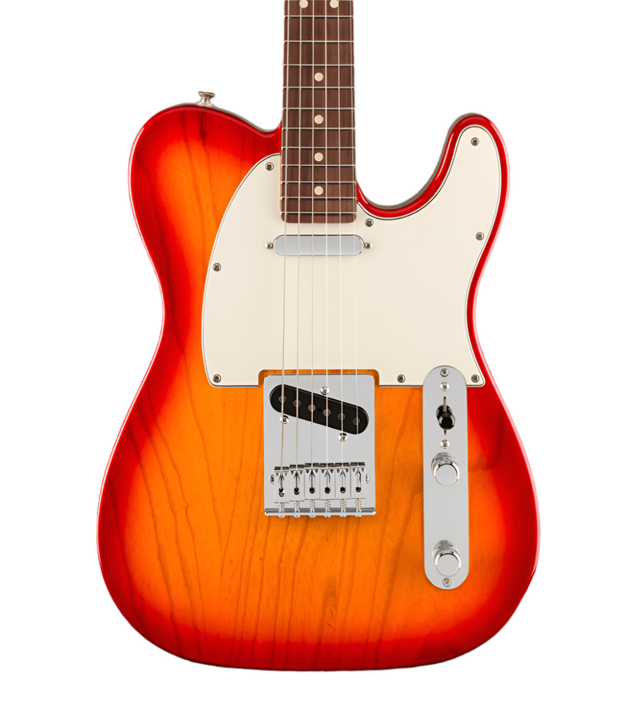 Sunburst electric guitar with a white pickguard, single cutaway body, two pickups, and chrome control knobs.