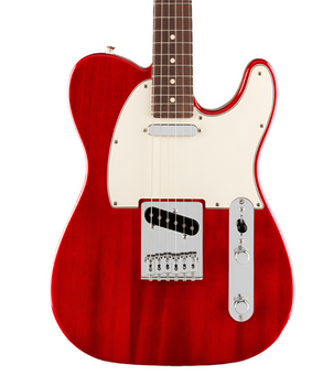 Glossy red electric guitar with a white pickguard, chrome bridge, control plate, two knobs, and single-coil pickups.